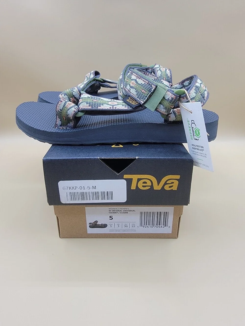 Teva Original Universal Women's Sandals Size 5 Green Gray Peach Strap New w/Box